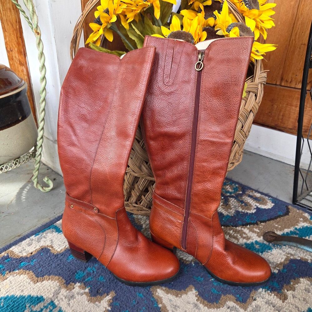 Jambu Chai Women's Brown Leather Knee High Riding Boots Zip Tall Cognac US 6.5M
